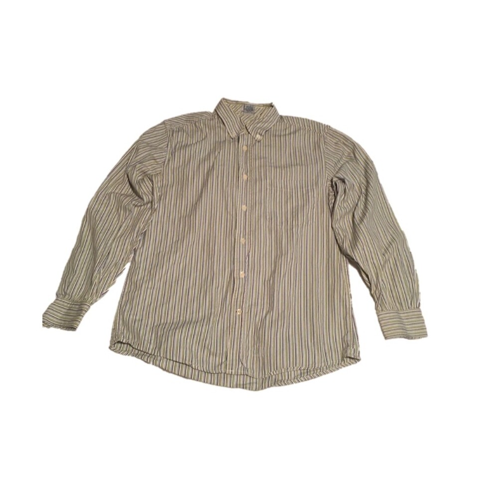 ✨️4 For $20✨️ Mens M green blue brown striped long sleeve shirt VTG 90s Preppy